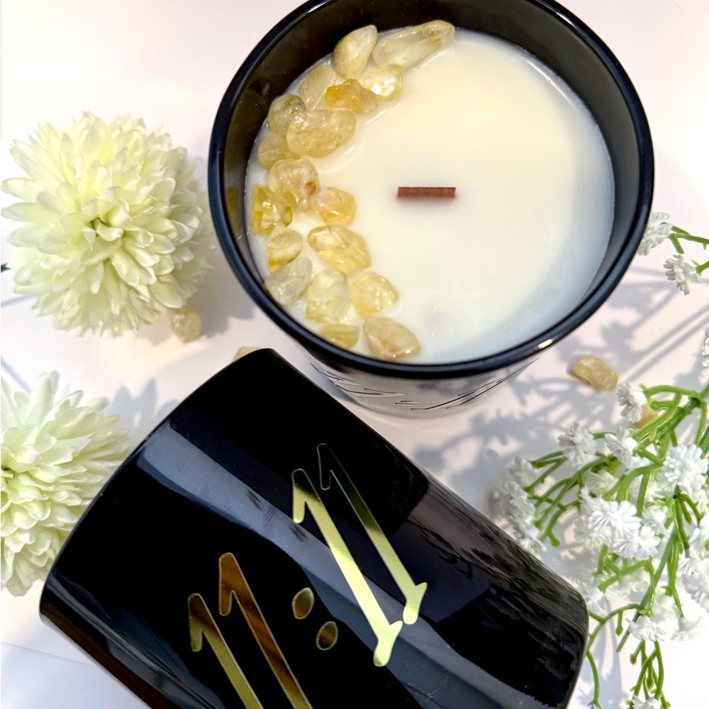 Lemon Verbena Scented Candle - 11:11 + Citrine Crystal - 14 Oz Wood Wick Candle